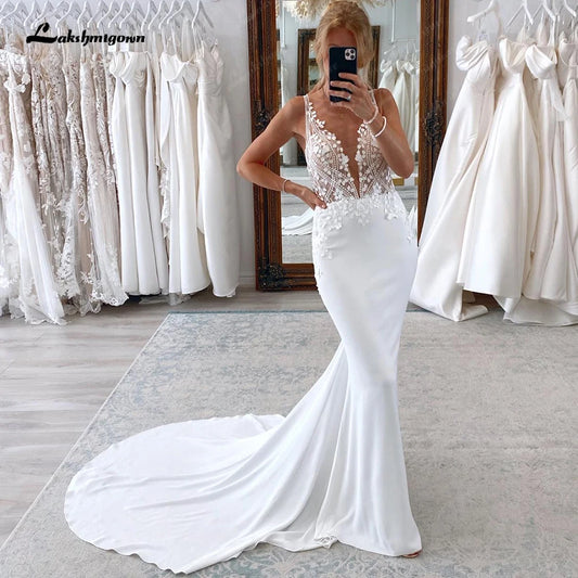 Roycebridal Deep V Crepe Mermaid Wedding Dresses Lace Appliques 2024 Vestido Novia Boda Civil Mermaid Wedding Gowns