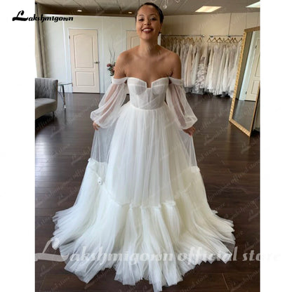 Roycebridal Off the Shoulder Long Sleeves Wedding Dress for Women 2025 Robe Longue Pleat Soft Tulle Bridal Gowns