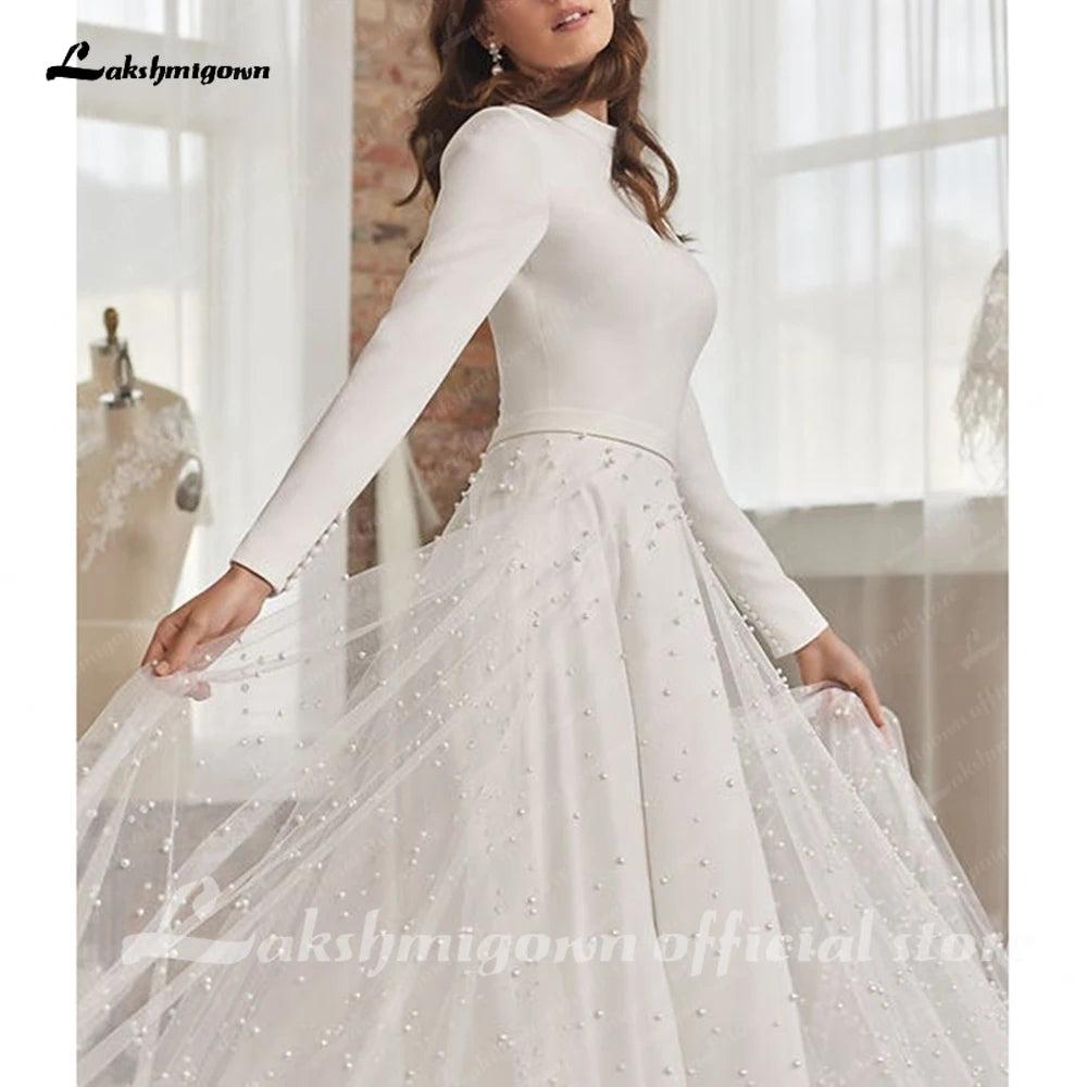 Roycebridal Princess Long Sleeves Pearls Wedding Dress for women 2024 Off White Tulle A Line Bridal Gowns High Neck vestido blan