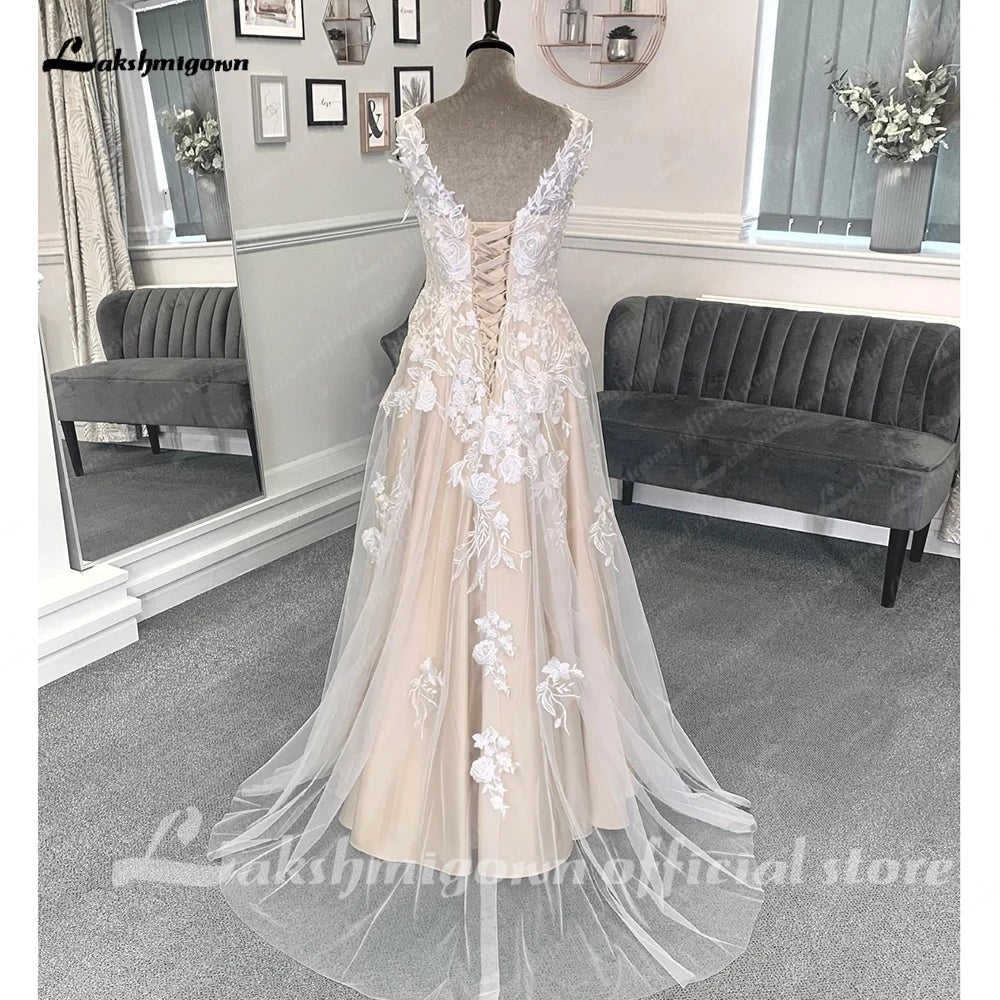 Roycebridal Champagne Beach Formal Wedding Dresses Sweep Train Sleeveless Lace With Appliques 2025 Bridal Gowns