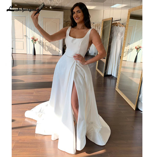 Roycebridal Ivory Satin Scoop Neck Sleeveless Floor-Length A-line Wedding Dress 2025 Split Garden Bridal GownRobe De Mariage