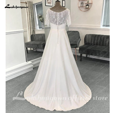 Roycebridal Half Sleeves Lace Formal Wedding Dresses Floor Length A-Line Satin With Pleats 2025 Bridal Gowns