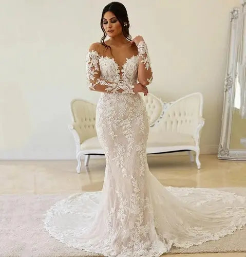 Roycebridal Boho Illusion Bodice Lace Mermaid Wedding Dress Long Sleeve Sheer Neck Appliques Bridal Gown vestidos de novia robe