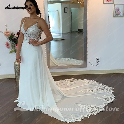 Roycebridal Ivory Lace Appliques Chiffon Floor-Length A-Line Wedding Dresses Chapel Train Custom Made V-Neck Bridal Gown