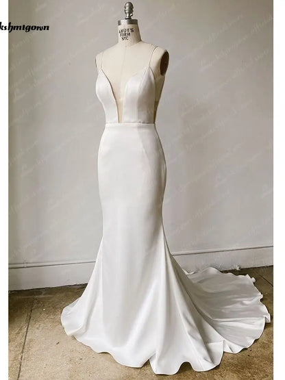 Roycebridal Simple Satin Wedding Dress Spaghetti Straps Long Train Backless Buttons Draped Trailing V Neck Bridal Gowns