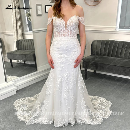 Roycebridal Luxury Lace Appliques Mermaid Wedding Dress with Detachable Sleeves Boho Trumpet Women Civil Bridal  Wedding Gowns