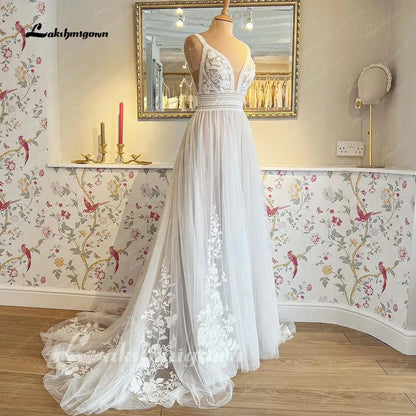 Roycebridal V Neck Lace Appliques Boho Wedding Dress for Women 2024 Hochzeitskleid Robe Civil Boho Bridal Gown Vestido Novia