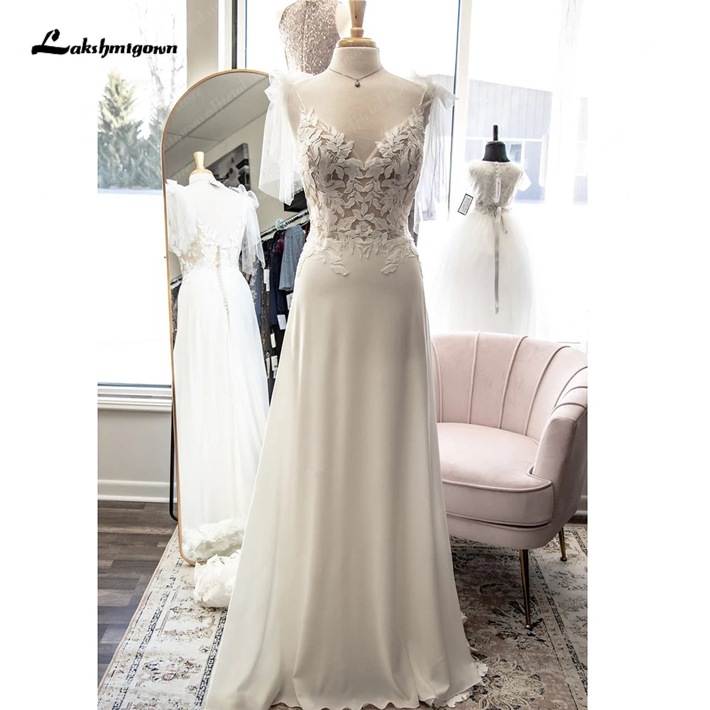 Roycebridal V Neck Lace Appliques A Line Chiffon Open Back Boho Wedding Dress Sleeveless Cut-out trajes de novias largos