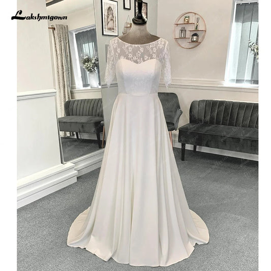 Roycebridal Half Sleeves Lace Formal Wedding Dresses Floor Length A-Line Satin With Pleats 2025 Bridal Gowns