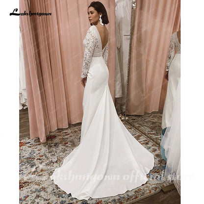 Roycebridal Lace Long Sleeve Crepe Wedding Dresses 2025 Robe Satin Plus Size Mermaid Bridal Gowns Hochzeit