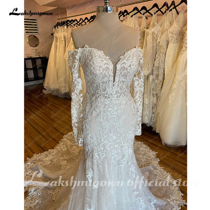 Roycebridal Boat Neck Long Sleeves Wedding Dress Full Lace Chapel Train Bridal Gown Elegant Bridal Wedding Gowns Open Back