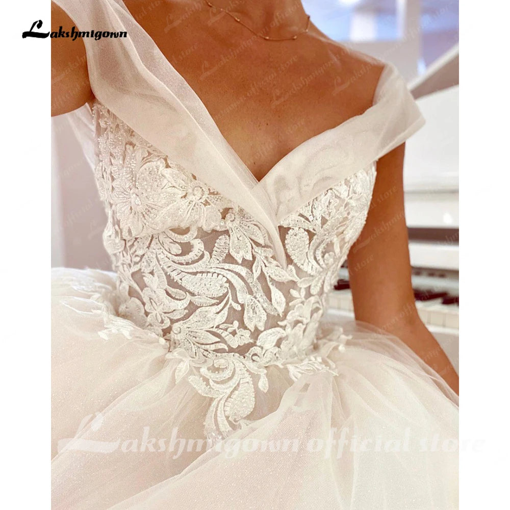 Lakshmigown V Neck Lace Beadings Bridal Off White Wedding Dress with Cap Sleeve 2025 Wedding Gown for Women Robe de mariee