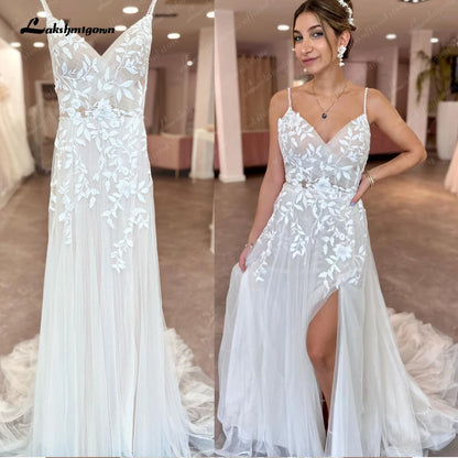 Roycebridal Plunging Lace Appliques Open Back Wedding Dress V Neck Spaghetti Straps 2025 Bride Wedding Dress robe de soirée