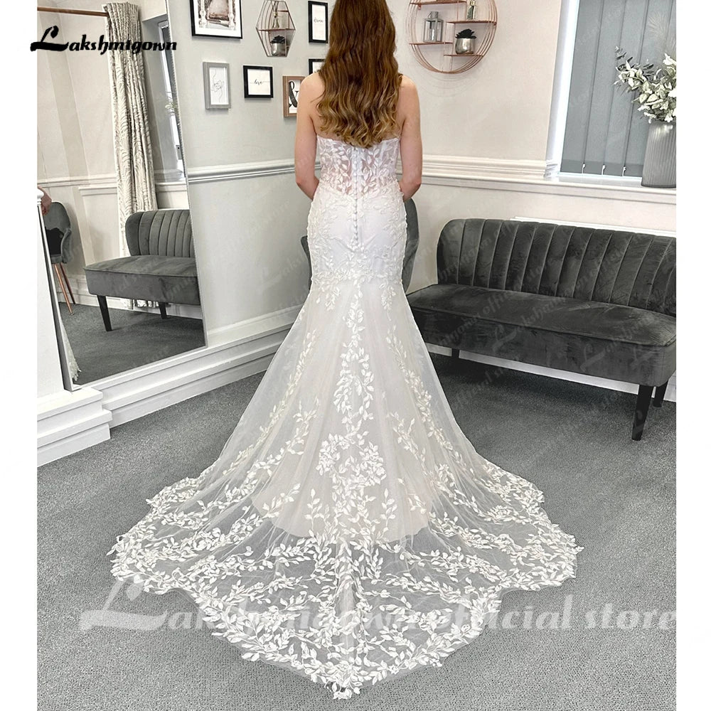 Roycebridal Luxury Lace Appliques Mermaid Wedding Dress with Detachable Sleeves Boho Trumpet Women Civil Bridal  Wedding Gowns