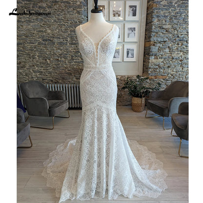 Romantic Lace Floral Mermaid Court Train Wedding Dress for Women  Civil Boho Bridal Gown vestido de fiesta de boda