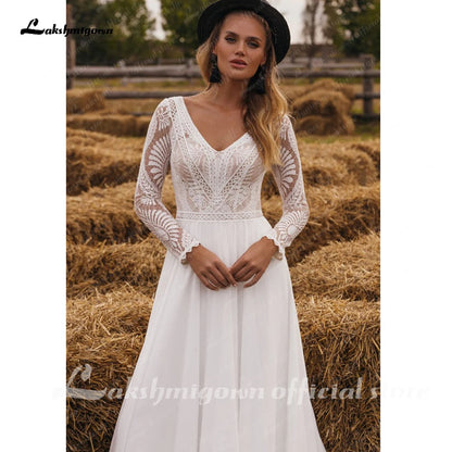 Roycebridal Chiffon V Neck Long Sleeve Bridal Dress Sweep Train Lace Open Back Bohemian Boho Beach Wedding Dress Wedding Gown