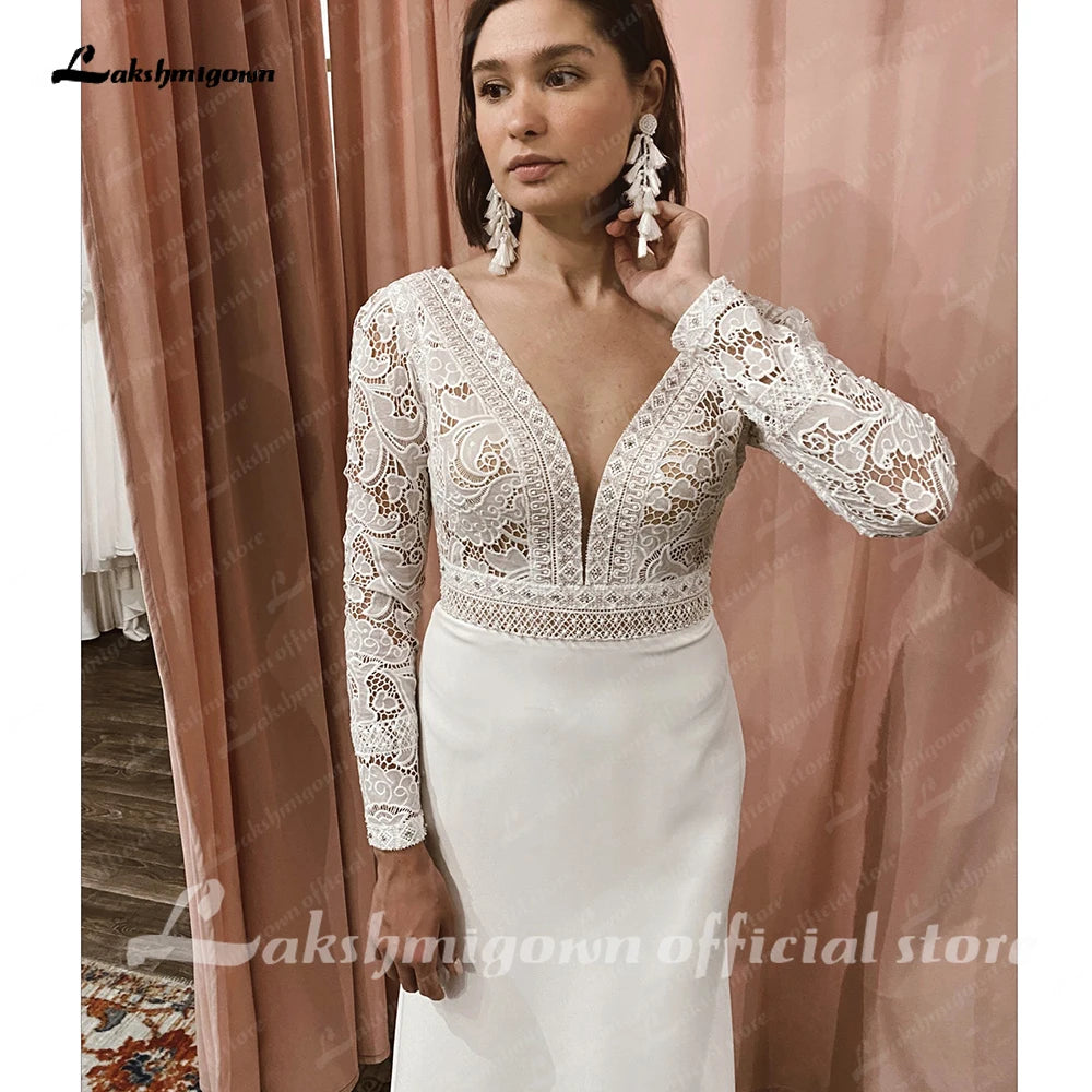 Roycebridal Lace Long Sleeve Crepe Wedding Dresses 2025 Robe Satin Plus Size Mermaid Bridal Gowns Hochzeit