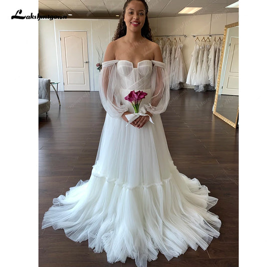 Roycebridal Off the Shoulder Long Sleeves Wedding Dress for Women 2025 Robe Longue Pleat Soft Tulle Bridal Gowns