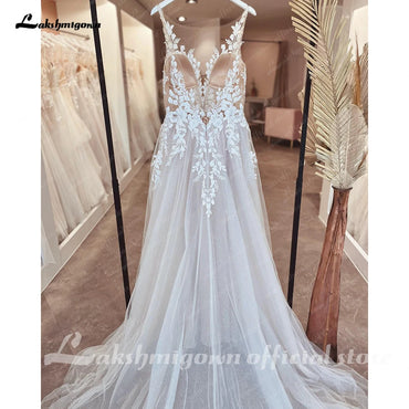 Roycebridal Illusion Wedding Dress Sleeveless Backless O-Neck Bride Dress See Through Appliques Formal Robe de marie