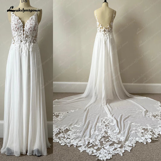 Roycebridal Boheme A Line Boho Lace Floral Wedding Dress Open Back 2025 Wedding Gowns for Bride Spaghetti Straps Vestido Novia