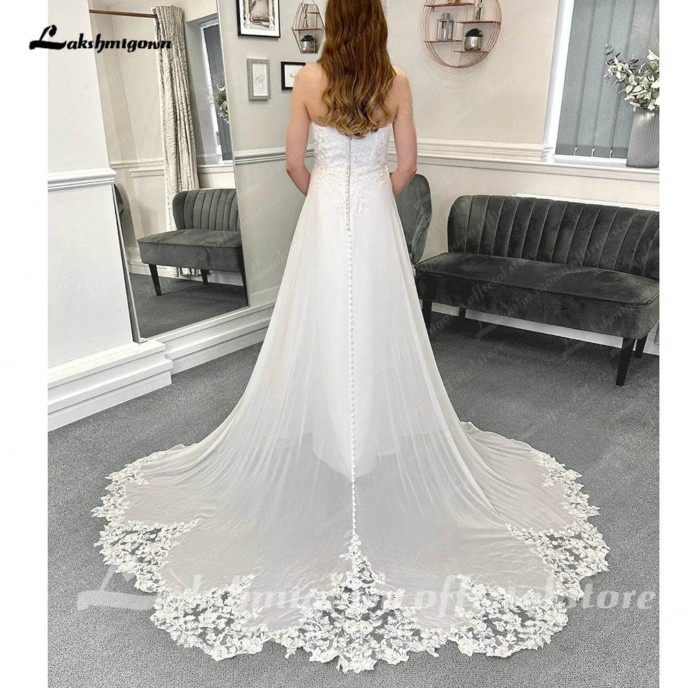 Roycebridal Lace Appliques Boho Chiffon Wedding Dress with Detachable Sleeves Beach Women Civil Bridal  Wedding Gowns