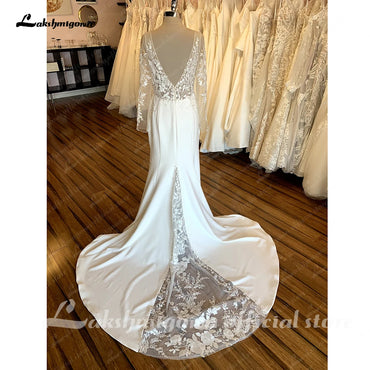 Roycebridal Vintage Lace Long Sleeve Boho Wedding Gowns 2025 Abito Da Sposa Sexy Soft Satin Bridal Dress Plunging Open Back