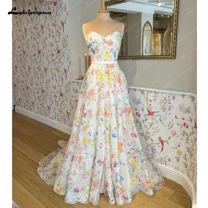 Roycebridal Print Flower Wedding Dress with Detachable Puff Sleeve Sweetheart Off the Shoulder Boho Bridal Gowns estido de noiva