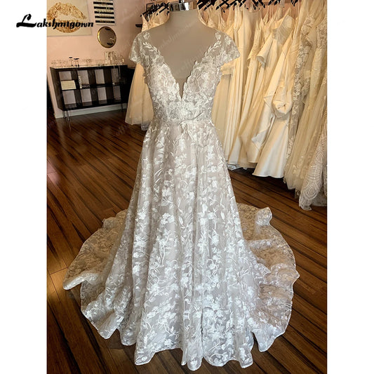 Roycebridal Full Lace Boho Wedding Dress For Women Sexy V Neck Short Sleeves Bride Dress Lace Applique A-Line Sweep Train Custom