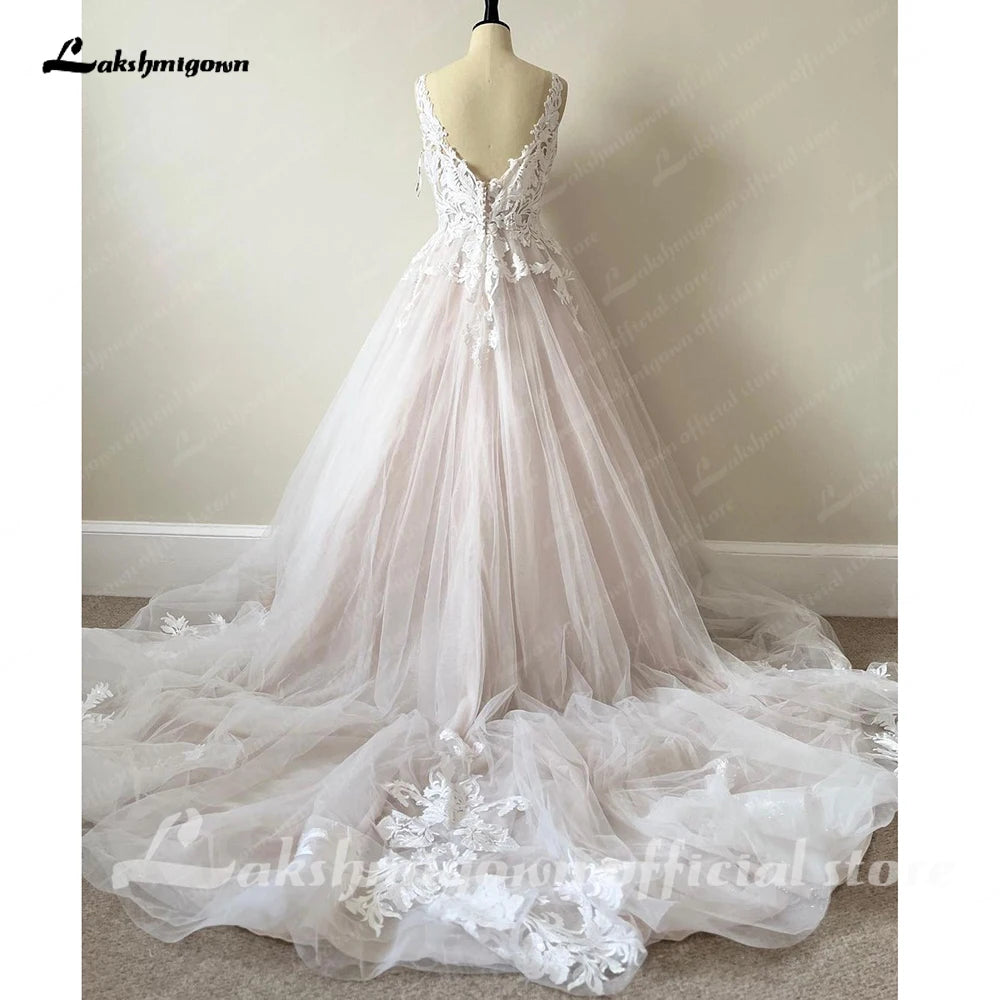 Luxury Blush Pink Lace Wedding Dresses For Church 2025 Open Back Sexy Bridal Boho A Line Wedding Dresses Long Train Roycebridal