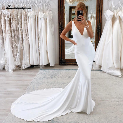 Roycebridal Deep V Neck Mermaid Wedding Dresses Elastic Satin Pearls Backless Bridal Gowns Beach Bride Dress robe de mariée