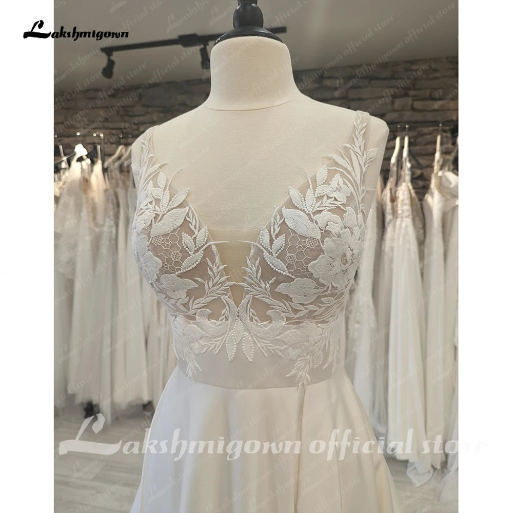 Romantic V Neck Lace A Line Wedding Gown for Bride 2024 Satin Open Back Women Wedding Dress vestido de fiesta de boda