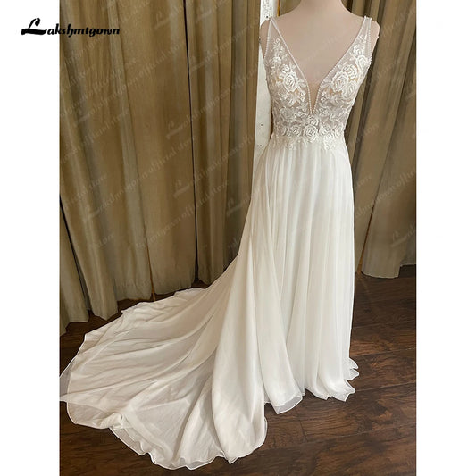 Roycebridal Chiffon Beach Wedding Dress V Neck Lace Appliques Vestido Novia 2025 Sexy Bridal Boho Wedding Gowns Open Back