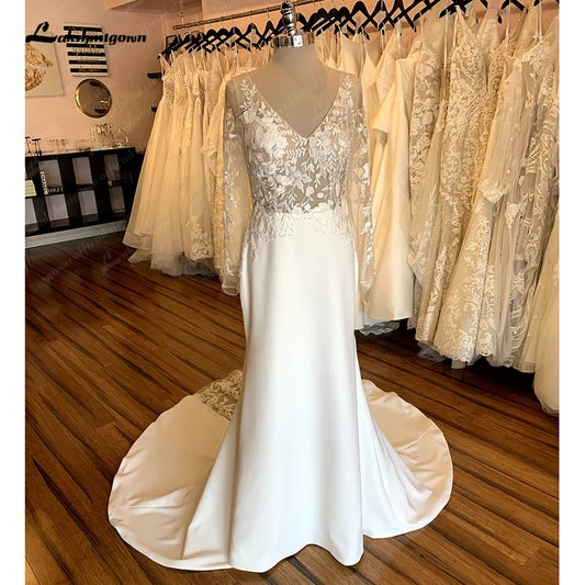 Roycebridal Vintage Lace Long Sleeve Boho Wedding Gowns 2025 Abito Da Sposa Sexy Soft Satin Bridal Dress Plunging Open Back