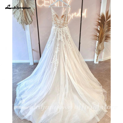 Roycebridal Deep V Neck Lace Floral Sleeveless Boho Wedding Dress Beach Open Back 2025 Vestido de Noiva Bridal Gowns for Women