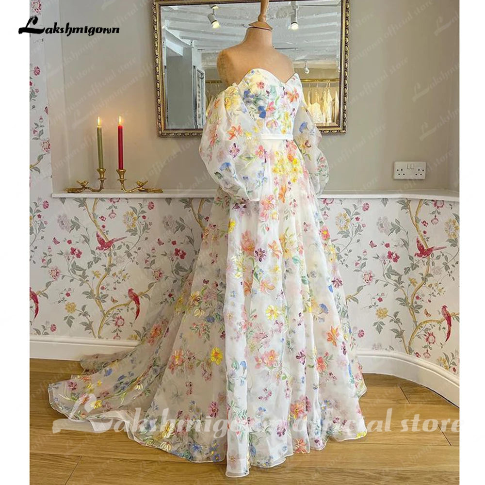 Roycebridal Print Flower Wedding Dress with Detachable Puff Sleeve Sweetheart Off the Shoulder Boho Bridal Gowns estido de noiva