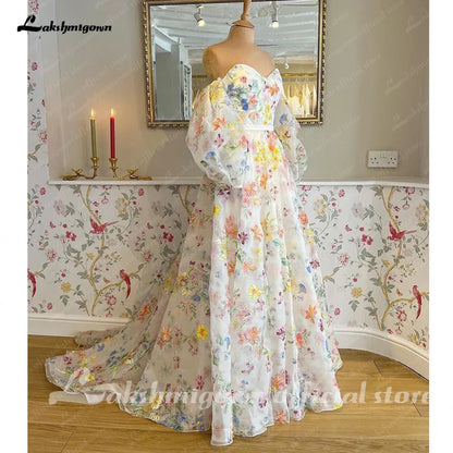 Roycebridal Print Flower Wedding Dress with Detachable Puff Sleeve Sweetheart Off the Shoulder Boho Bridal Gowns estido de noiva