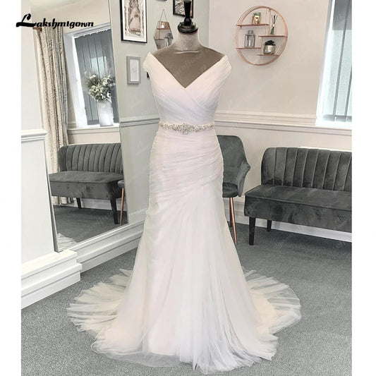 Roycebridal Tulle Pleat Mermaid Formal Wedding Dresses with Beads Belt Off the Shoulder Off White 2025 Bridal Gowns