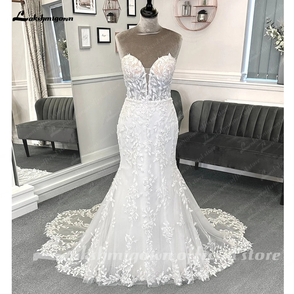 Roycebridal Luxury Lace Appliques Mermaid Wedding Dress with Detachable Sleeves Boho Trumpet Women Civil Bridal  Wedding Gowns