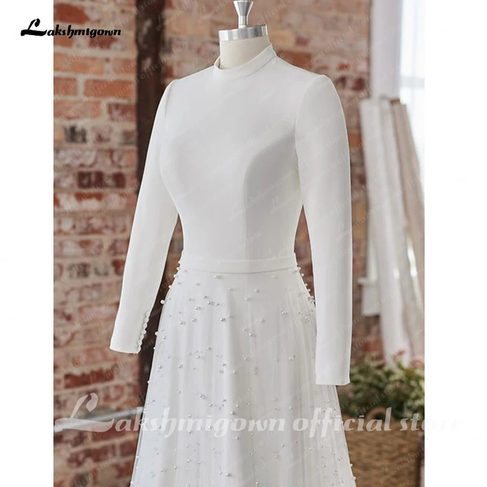 Roycebridal Princess Long Sleeves Pearls Wedding Dress for women 2024 Off White Tulle A Line Bridal Gowns High Neck vestido blan