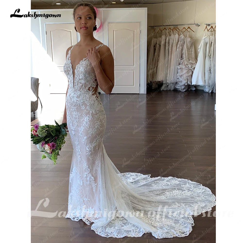 Roycebridal Off White V Neck Lace Appliques Illusion Court Train Wedding Dress 2025 Boho Mermaid Bridal vestido branco sereia