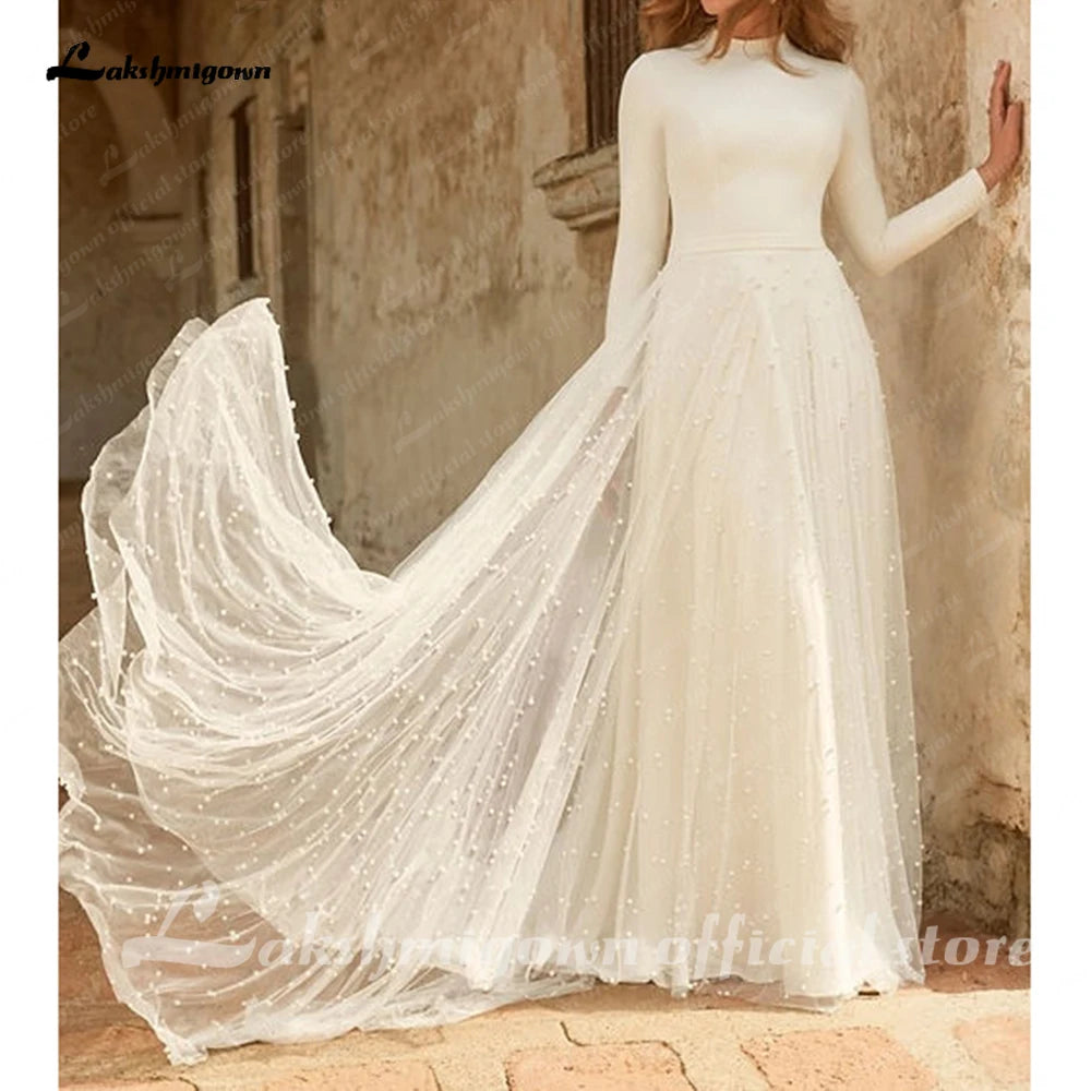 Roycebridal Princess Long Sleeves Pearls Wedding Dress for women 2024 Off White Tulle A Line Bridal Gowns High Neck vestido blan