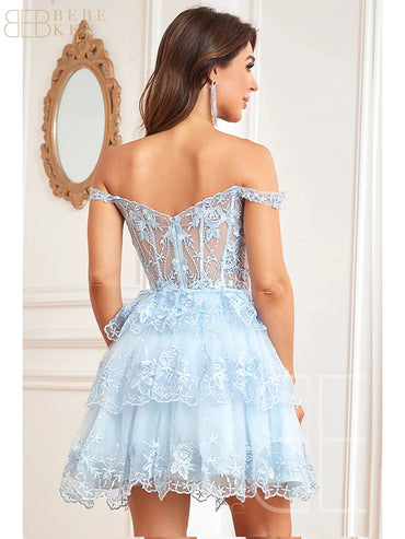 Sparkly Sky Blue Corset Tiered Short Homecoming Dress with Lace  Off the shoulder Prom Dress Formal Dress robe de soiree