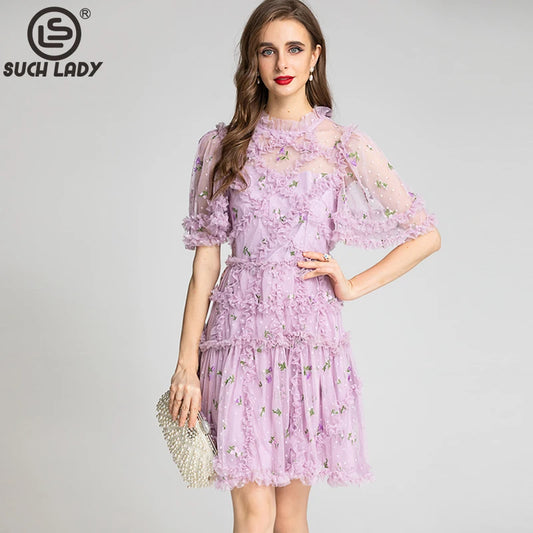 Women's Runway Dress O Neck Short Sleeves Ruffles Sexy Tulle Laid Over Fashion Designer Homecoming dress