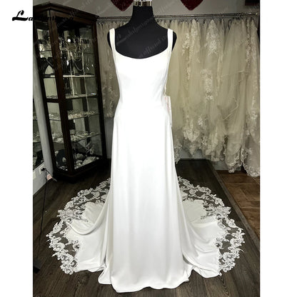 Roycebridal Scoop Neck Lace Backless Soft Satin Wedding Dress for Women  Tank Bridal Gown Court Train robe mariée sirene