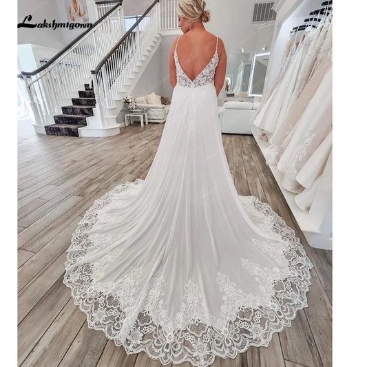 Roycebridal Boho Spaghetti Straps Bridal Wedding Dresses A Line 2025 Robe Longue Simple Beach Chiffon Wedding Gowns Deep V Neck