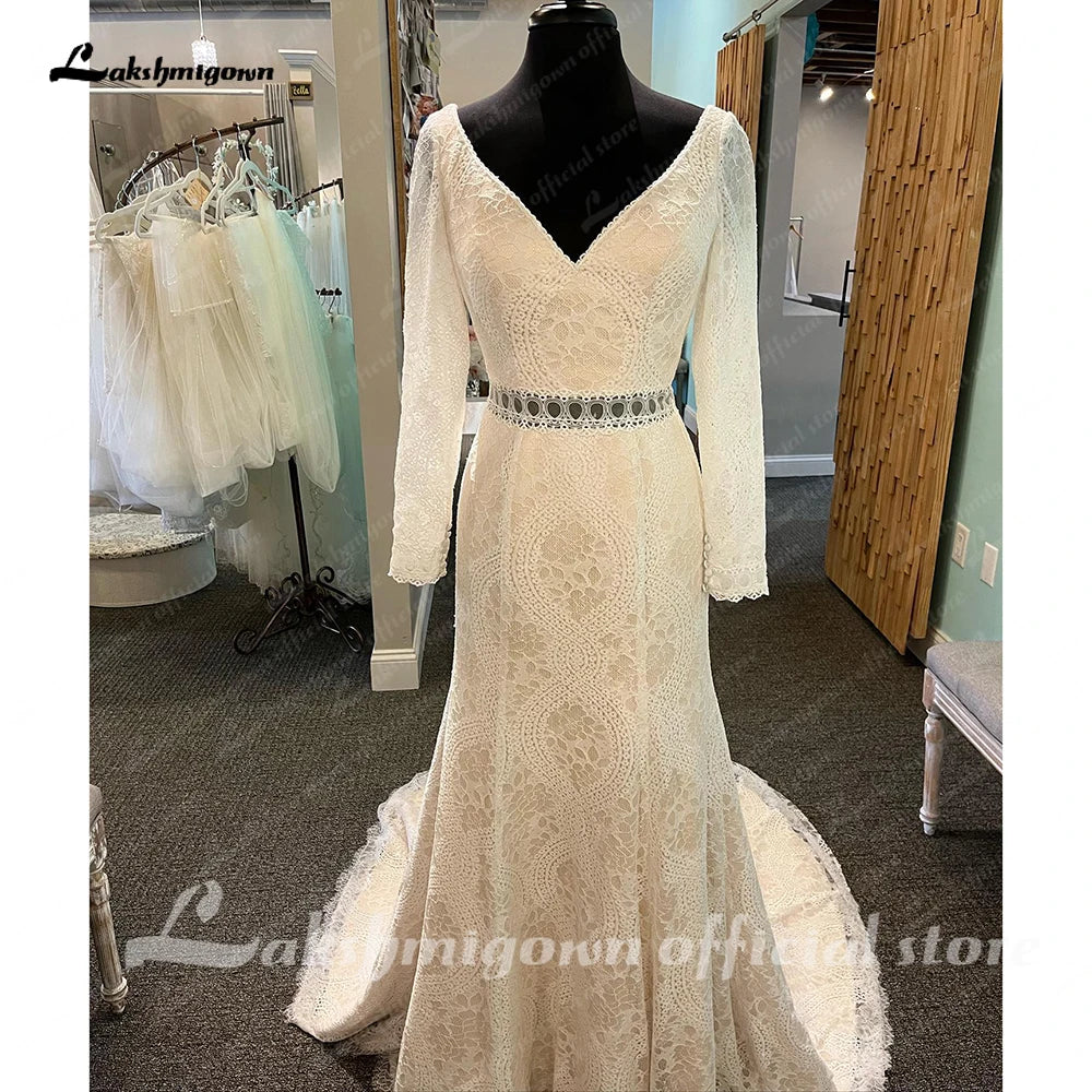 Roycebridal Vintage Long Sleeve Lace Boho Civil Wedding Dress Bohemian Bridal Wedding Gown Custom Made Vestidos Novia