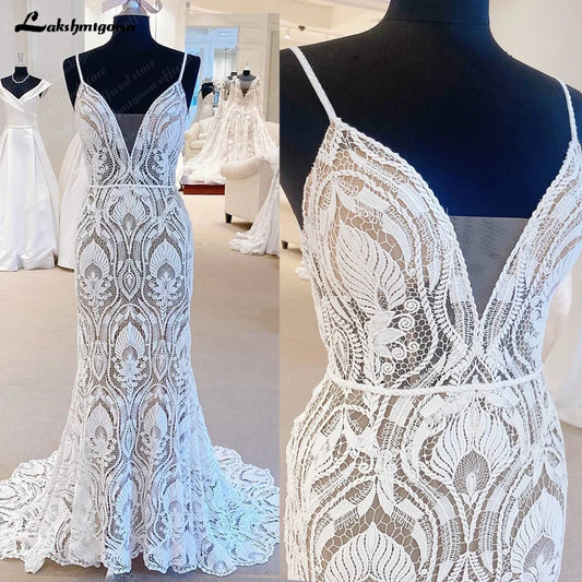 Roycebridal Sexy Lace Wedding Dresses 2025 V-Neck Open Back Long Bride Dress Spaghetti Strap Applique A-Line Party Gown