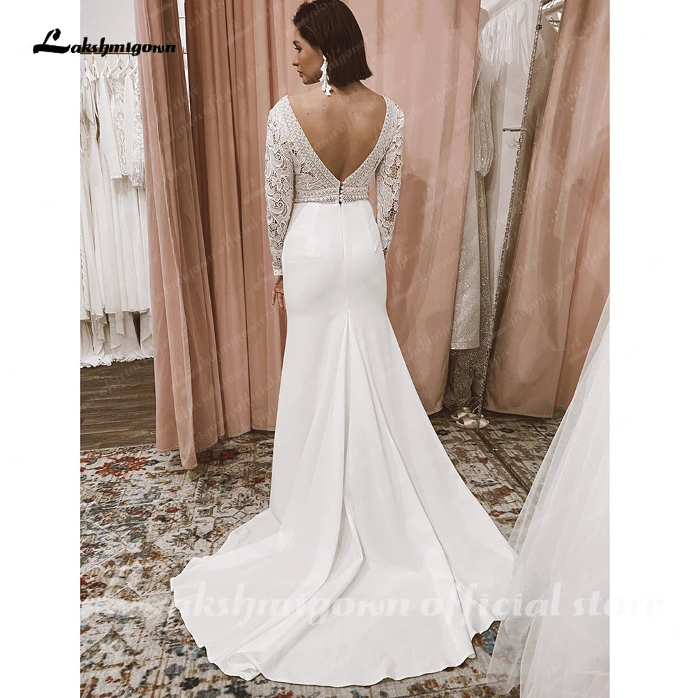 Roycebridal Lace Long Sleeve Crepe Wedding Dresses 2025 Robe Satin Plus Size Mermaid Bridal Gowns Hochzeit