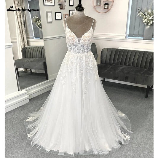 Roycebridal Beach Formal Wedding Dresses Sweep Train Sleeveless Spaghetti Strap Lace With Appliques 2025 Bridal Gowns