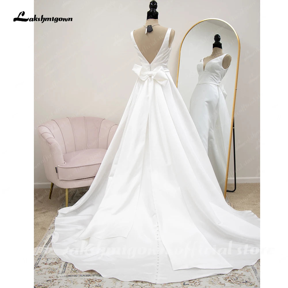 Roycebridal Satin Mermaid Wedding Dresses with Dectachable Skirt For Women Brautkleider Plunging Civil Beach Bridal Gowns